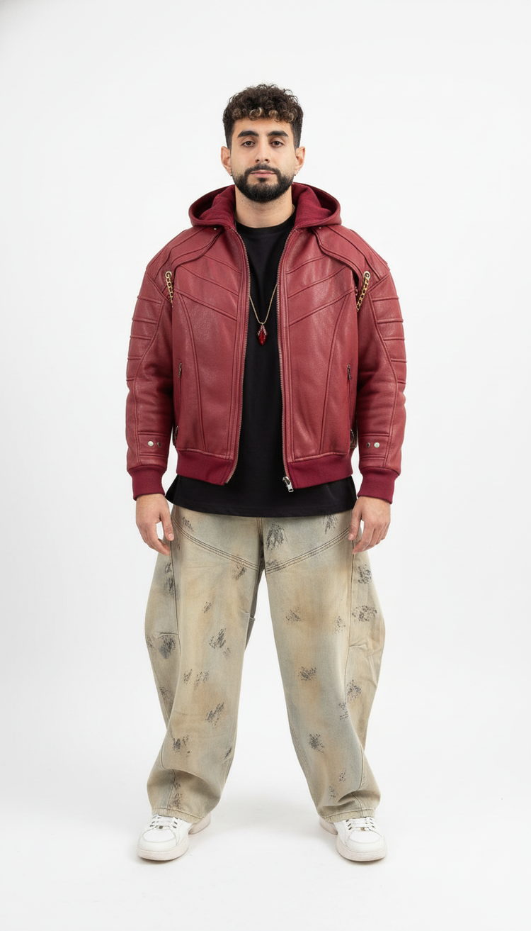 La photo studio met en lumière la construction symétrique et la texture cuir profond de la veste.
Pensée pour un tombé impeccable et une allure charismatique, cette pièce fusionne le tailoring artisanal et le flow du démon intérieur.
