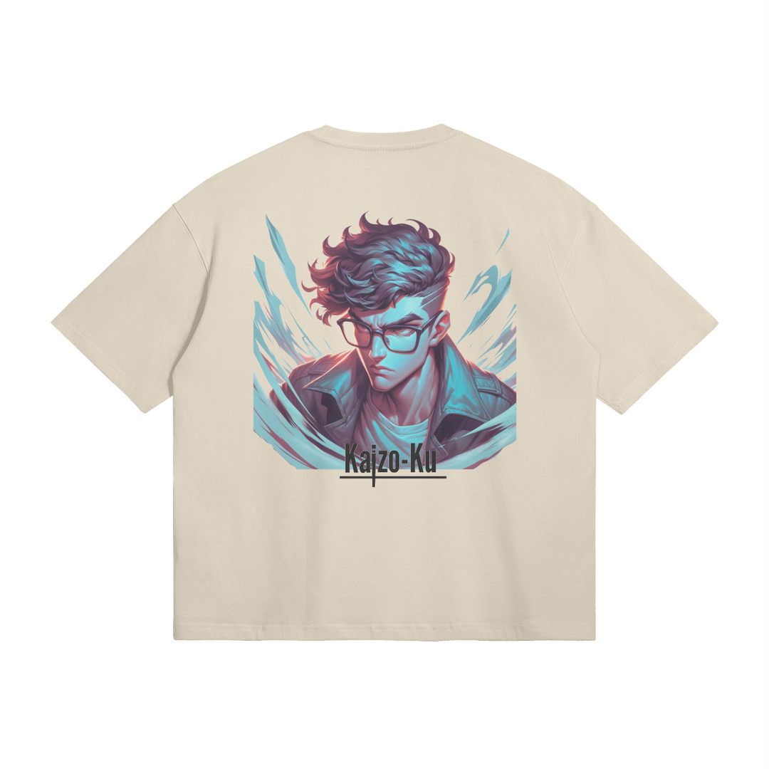 Back view of the Kitano x Kaizo-Ku beige t-shirt, showcasing intricate artwork that represents Kitano's dynamic gaming persona, ideal for both gaming and casual wear.