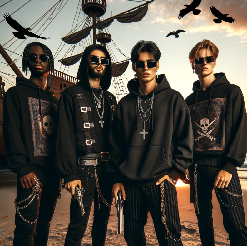 Models in oversized streetwear hoodies with skull motifs stand before a classic ship, exuding a bold nautical vibe.