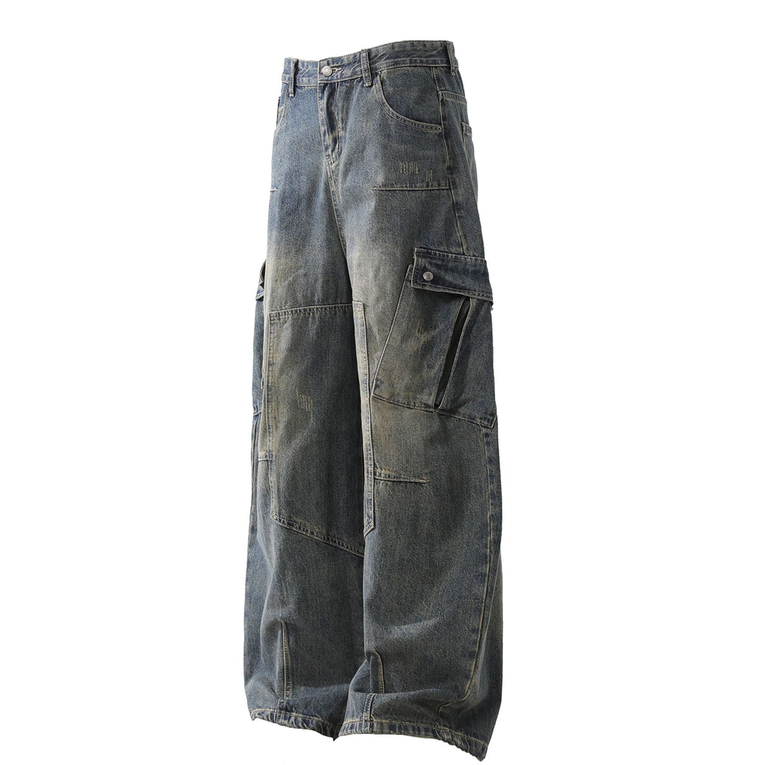 Vintage Washed Wide-Leg Cargo Denim Pants - Kaizo-Ku