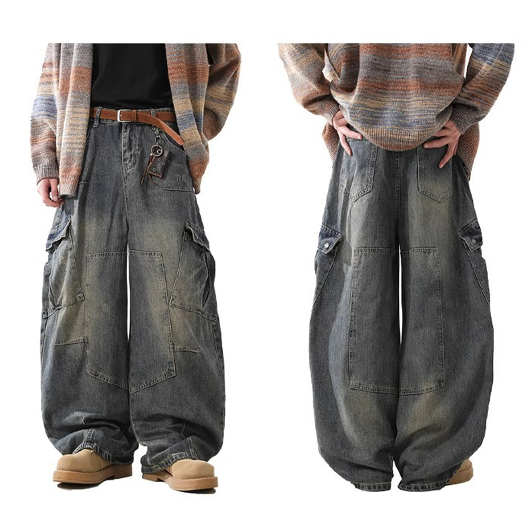 Vintage Washed Wide-Leg Cargo Denim Pants - Kaizo-Ku