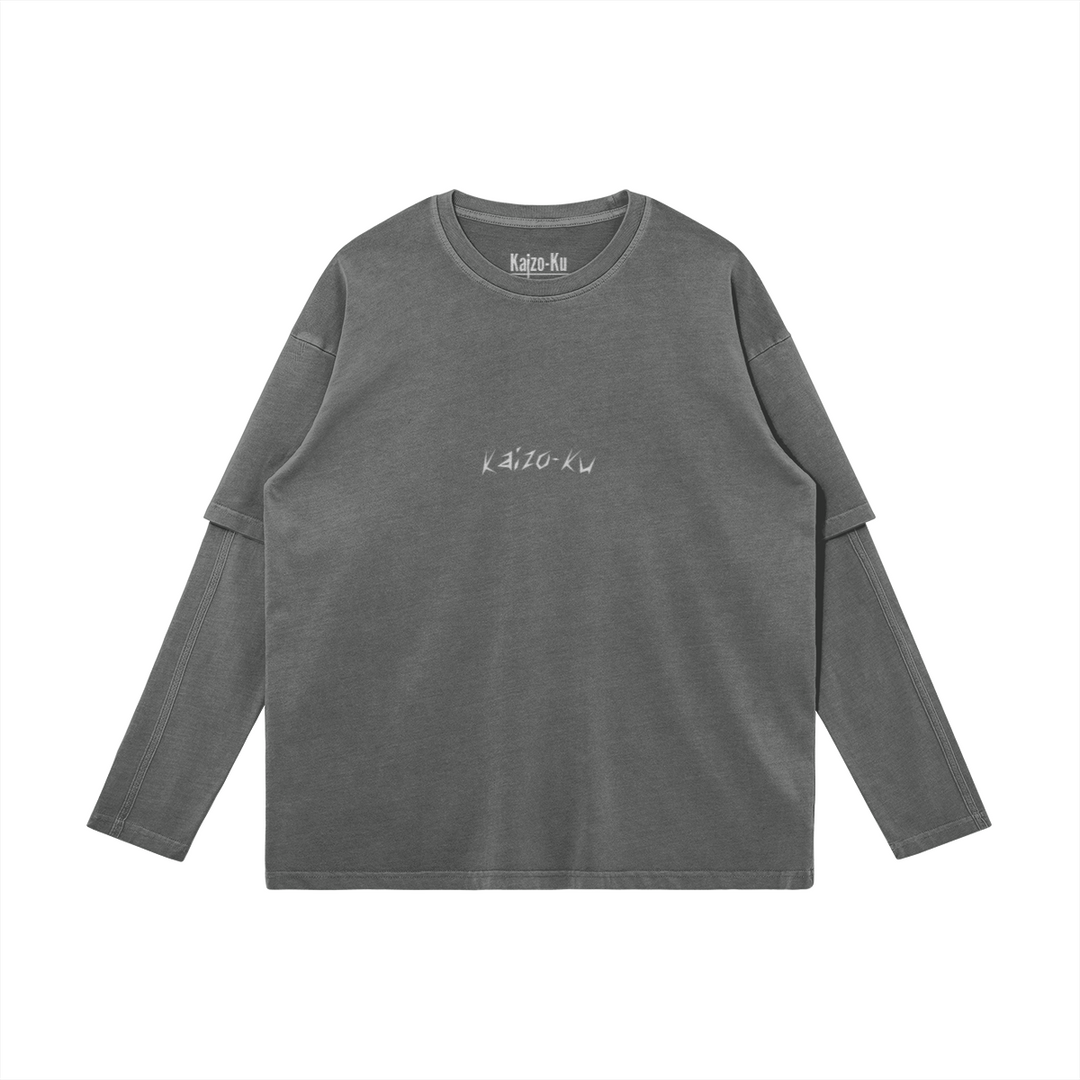 Front view of the oversized 2-in-1 t-shirt from Kaizo-Ku in Bright Grey, featuring a subtle embroidered "Kaizo-Ku" logo centered on the chest. Minimalistic design with a double-layered sleeve effect for a modern streetwear look.