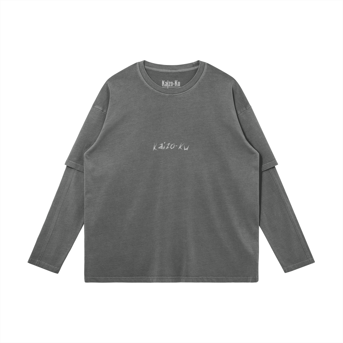 Front view of the oversized 2-in-1 t-shirt from Kaizo-Ku in Bright Grey, featuring a subtle embroidered "Kaizo-Ku" logo centered on the chest. Minimalistic design with a double-layered sleeve effect for a modern streetwear look.