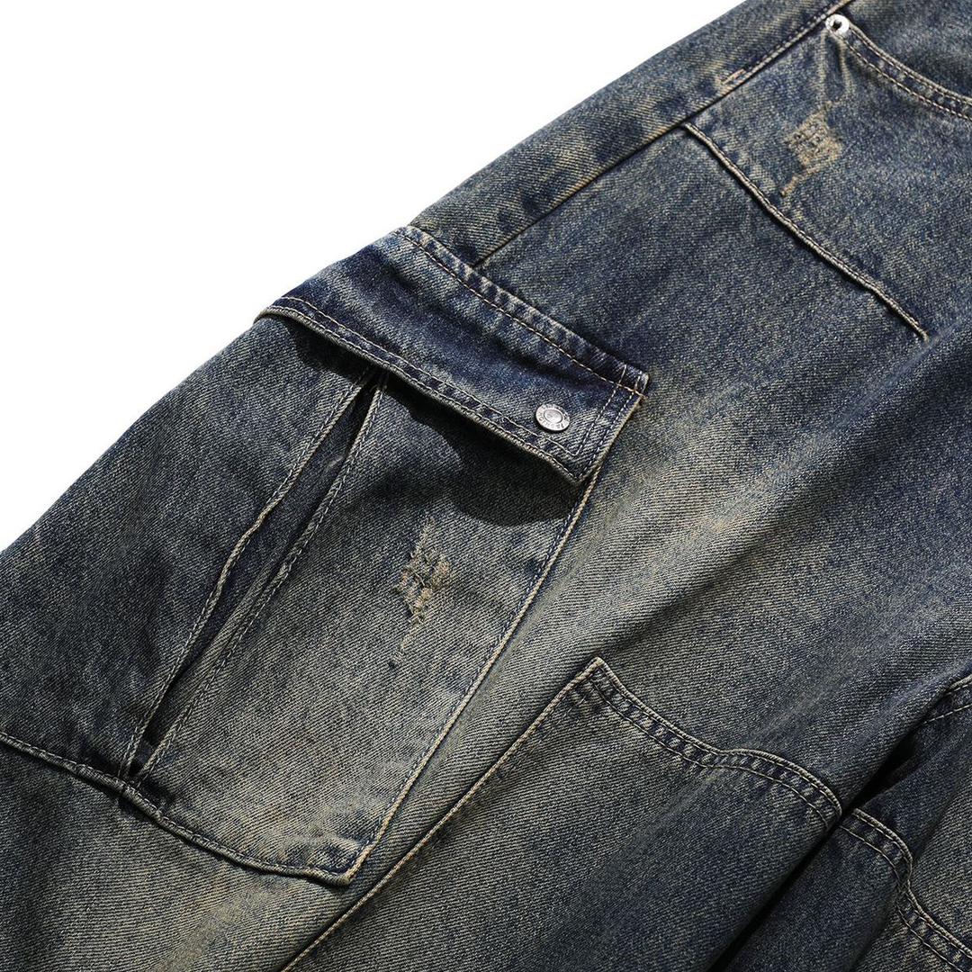 Vintage Washed Wide-Leg Cargo Denim Pants - Kaizo-Ku