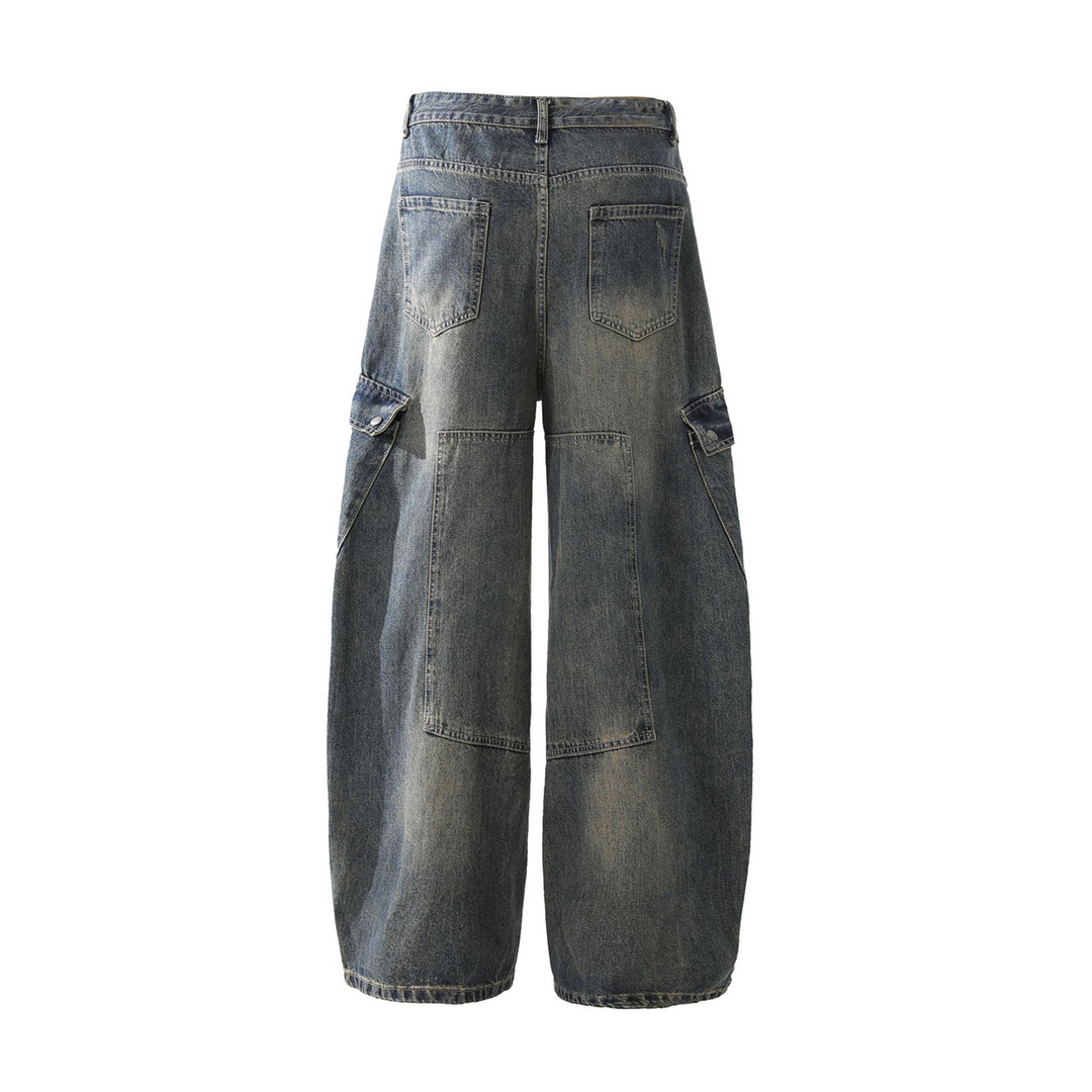 Vintage Washed Wide-Leg Cargo Denim Pants - Kaizo-Ku