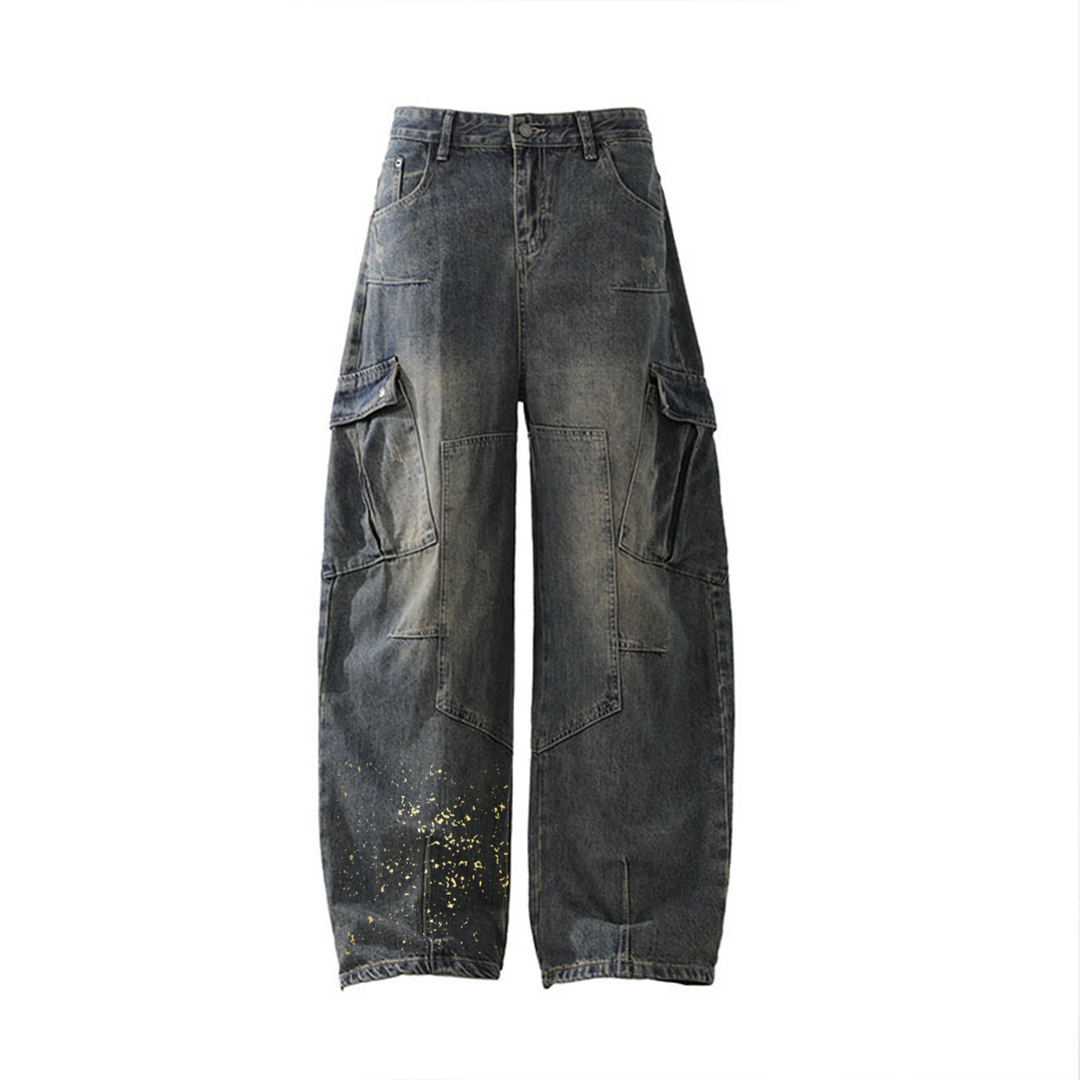 Vintage Washed Wide-Leg Cargo Denim Pants - Kaizo-Ku