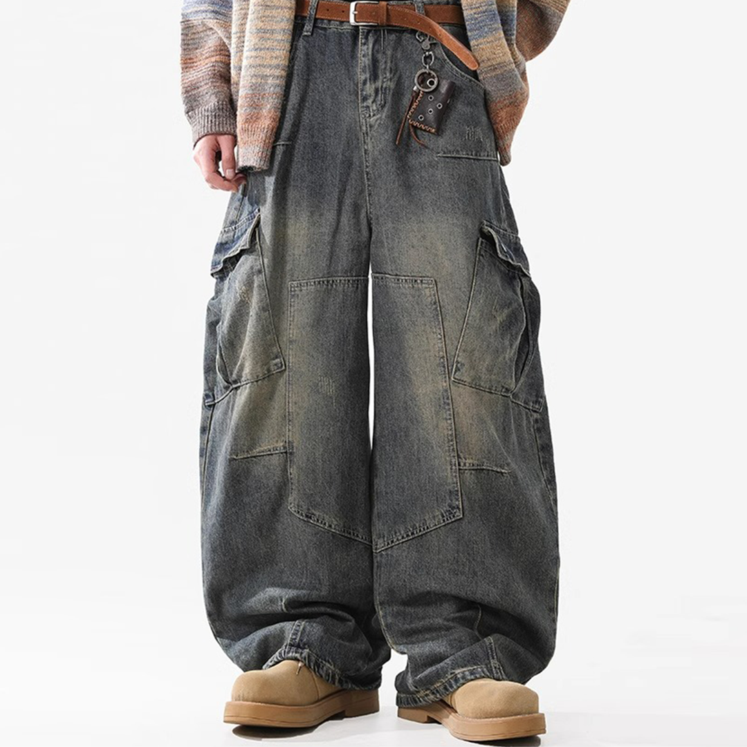 Vintage Washed Wide-Leg Cargo Denim Pants - Kaizo-Ku