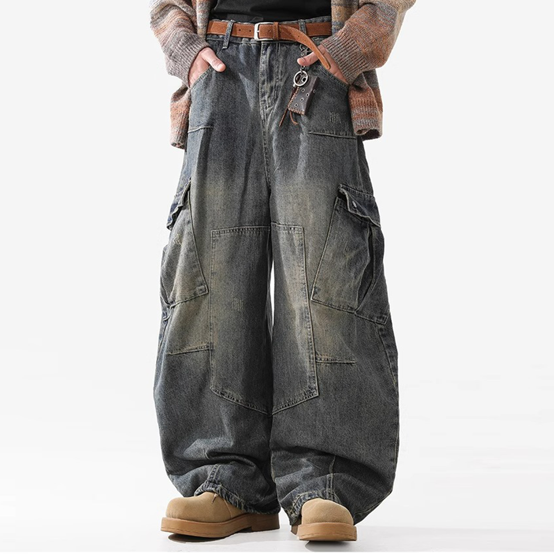 Vintage Washed Wide-Leg Cargo Denim Pants - Kaizo-Ku