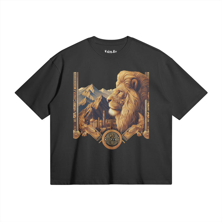 Flate view of the black oversized lion t-shirt, showing a pride lion on  a black t-shirt from the front.