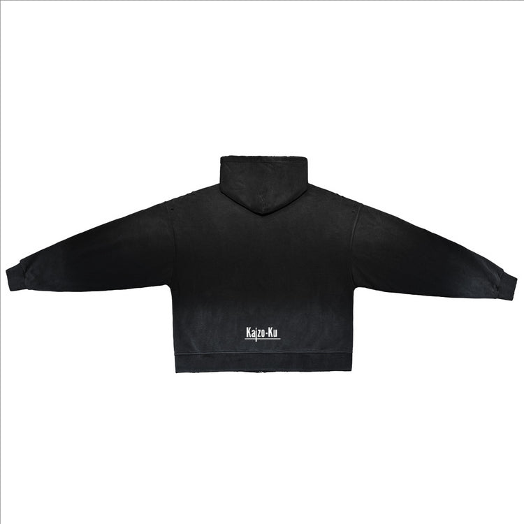 Full flat-lay image of the Kaizo-Ku Vintage Faded Full-Zip Hooded Sweatshirt in Black, capturing its relaxed silhouette and minimalist design.