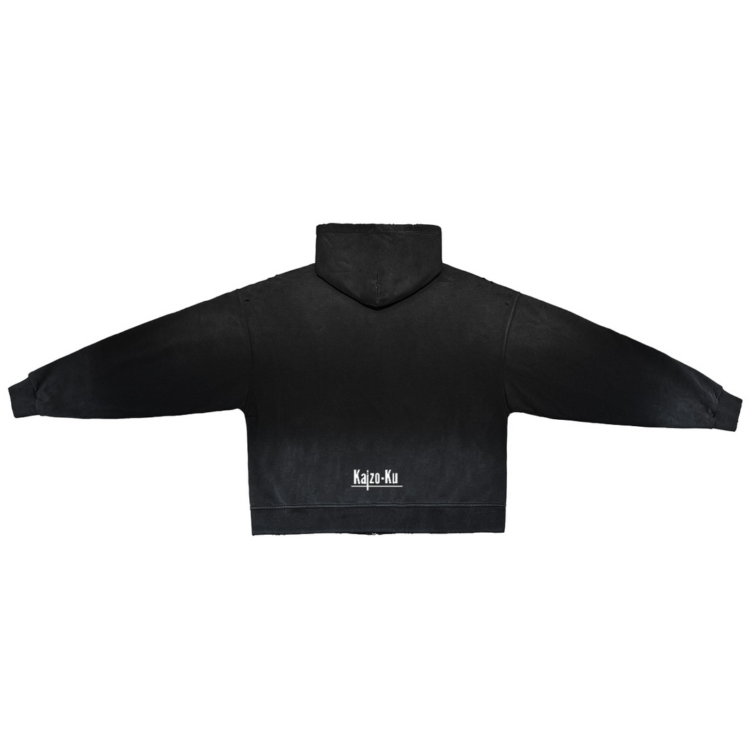 Full flat-lay image of the Kaizo-Ku Vintage Faded Full-Zip Hooded Sweatshirt in Black, capturing its relaxed silhouette and minimalist design.