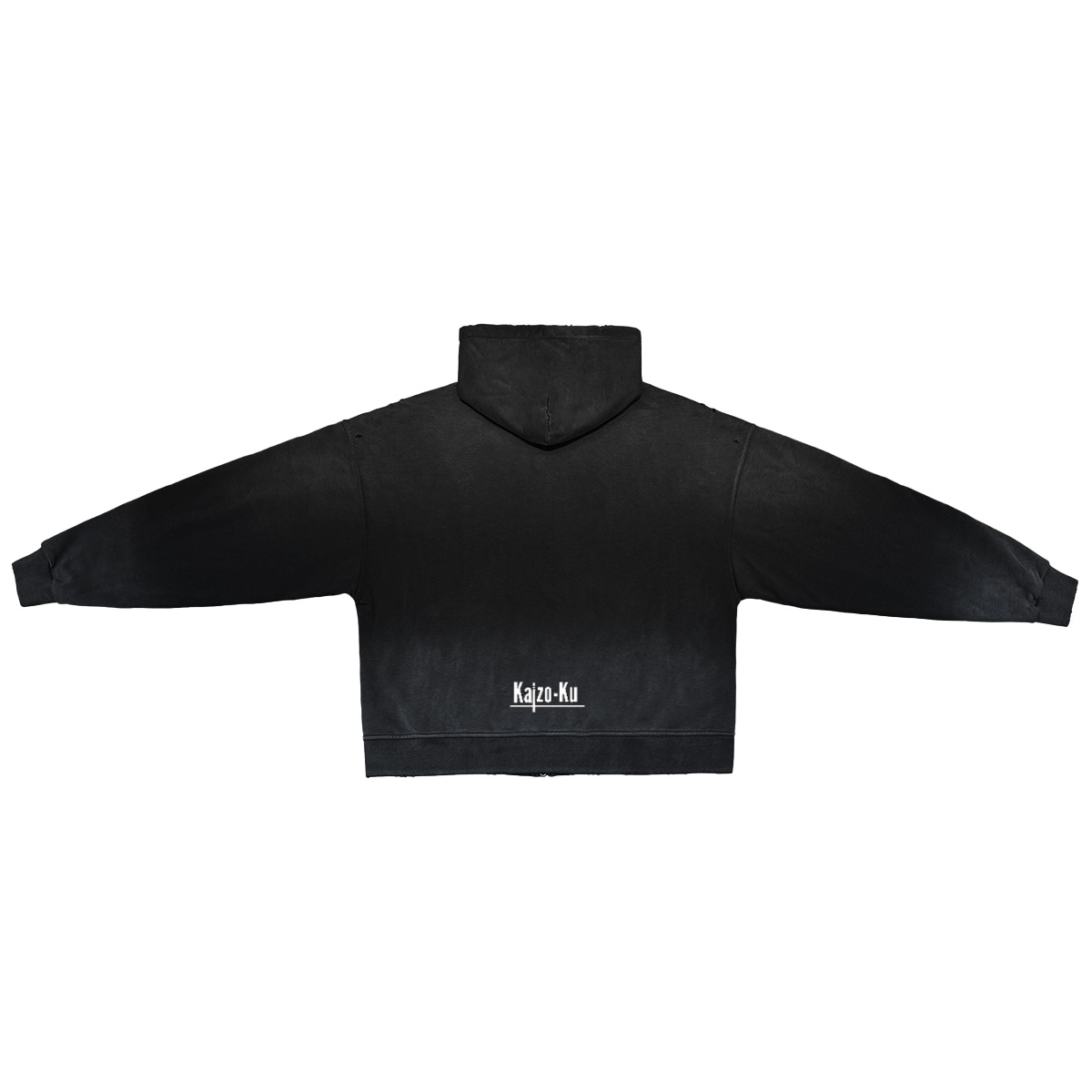 Full flat-lay image of the Kaizo-Ku Vintage Faded Full-Zip Hooded Sweatshirt in Black, capturing its relaxed silhouette and minimalist design.