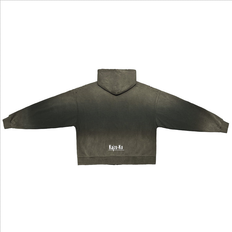 A back  flat-lay view of the Kaizo-Ku Vintage Faded Full-Zip Hoodie in charcoal, perfect for casual and urban styles.