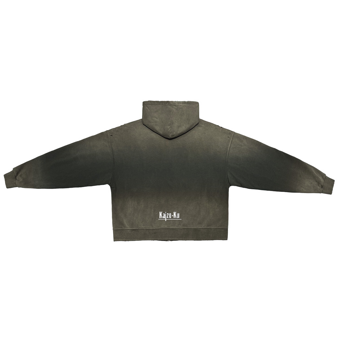 A back  flat-lay view of the Kaizo-Ku Vintage Faded Full-Zip Hoodie in charcoal, perfect for casual and urban styles.