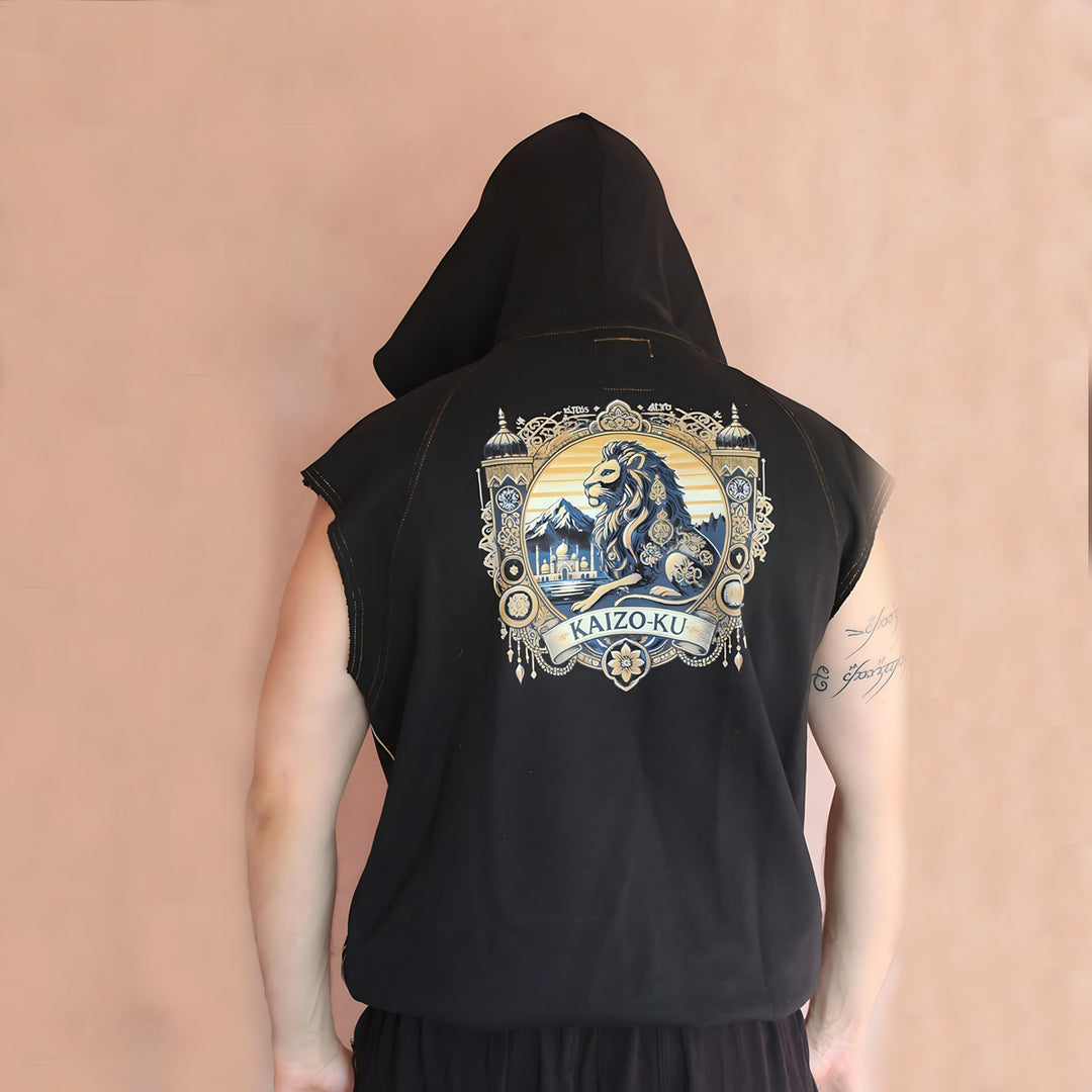 This image captures the Black Lion Tank Top from the back, displaying the exquisite lion artwork that is beautifully integrated into the garment. The lion, set against a backdrop of traditional Moroccan patterns, embodies elegance and sophistication.