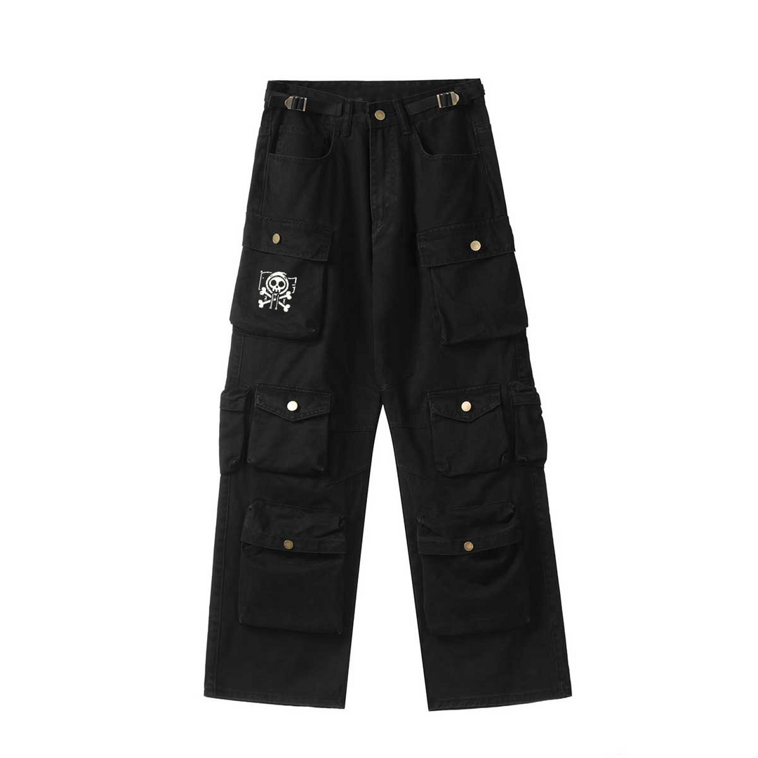  A sleek front view of black oversized cargo pants, featuring minimalist utility pockets and a straight-leg fit perfect for versatile streetwear looks.