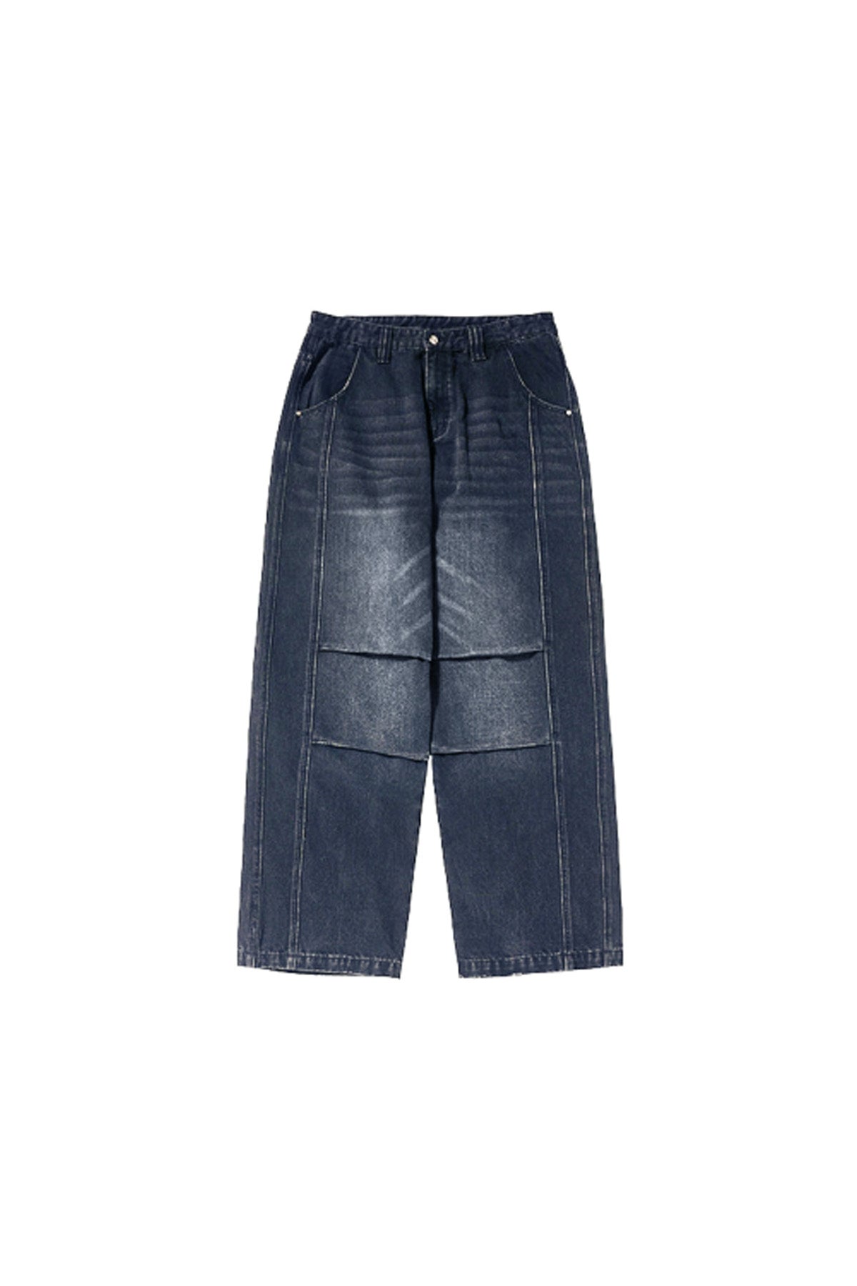 A front view of the deep indigo wide-leg jeans, showcasing their rich color and clean stitching.