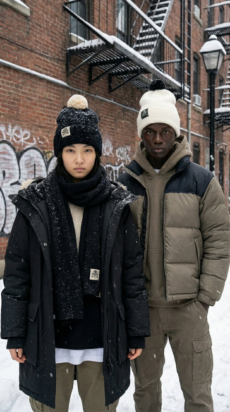 Bonnet d’hiver en cachemire noir et beige porté par un homme et une femme en milieu urbain, bonnet chaud, élégant et streetwear.
