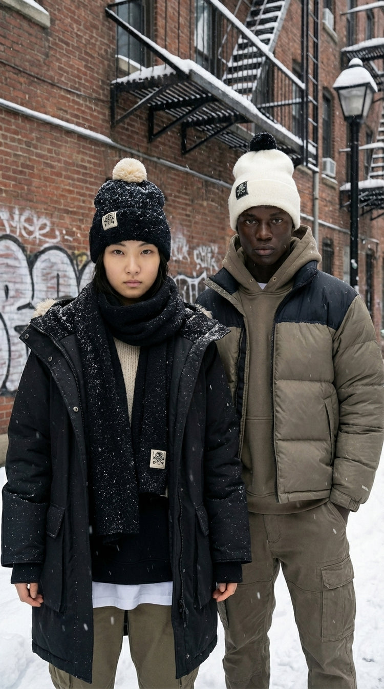 Bonnet d’hiver en cachemire noir et beige porté par un homme et une femme en milieu urbain, bonnet chaud, élégant et streetwear.