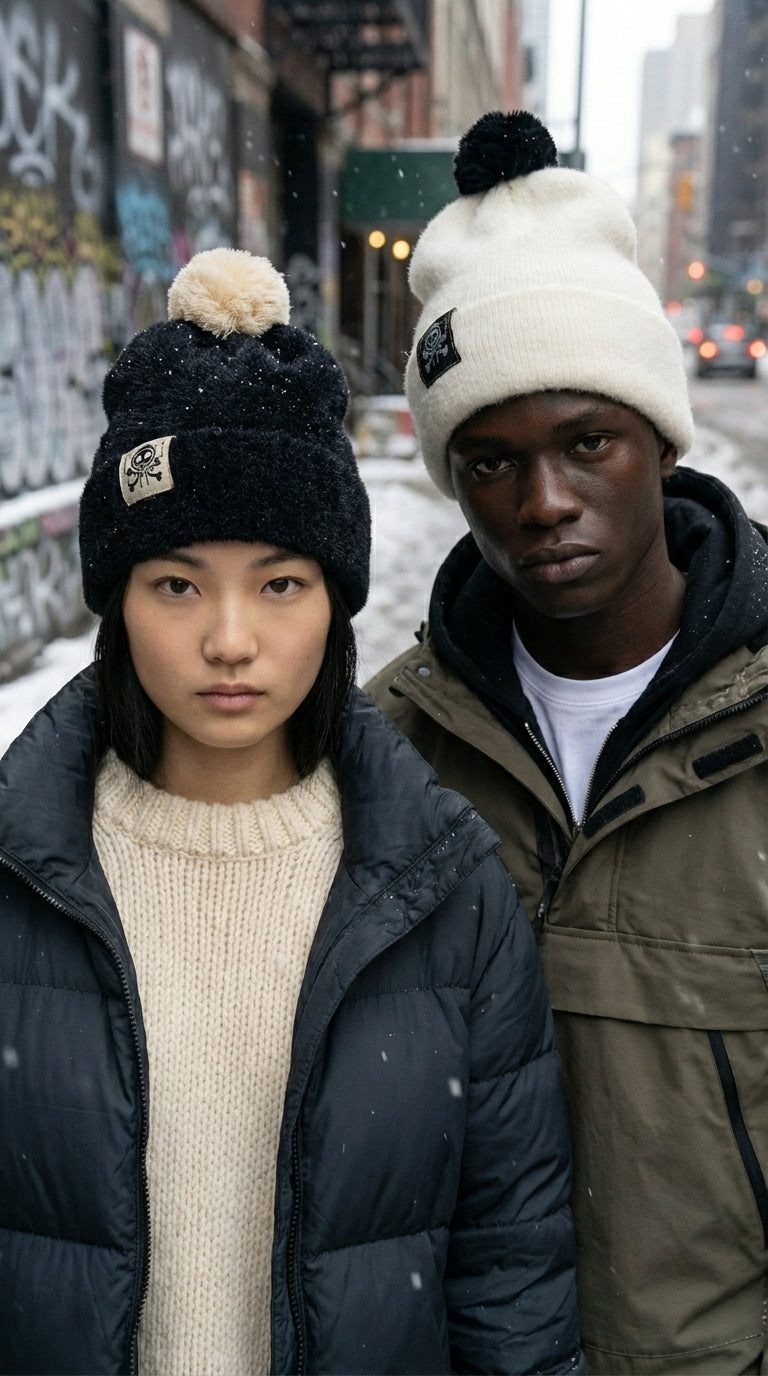 Bonnet d’hiver en cachemire Kaizo-Ku porté sous la neige, protection contre le froid, style premium et usage quotidien.