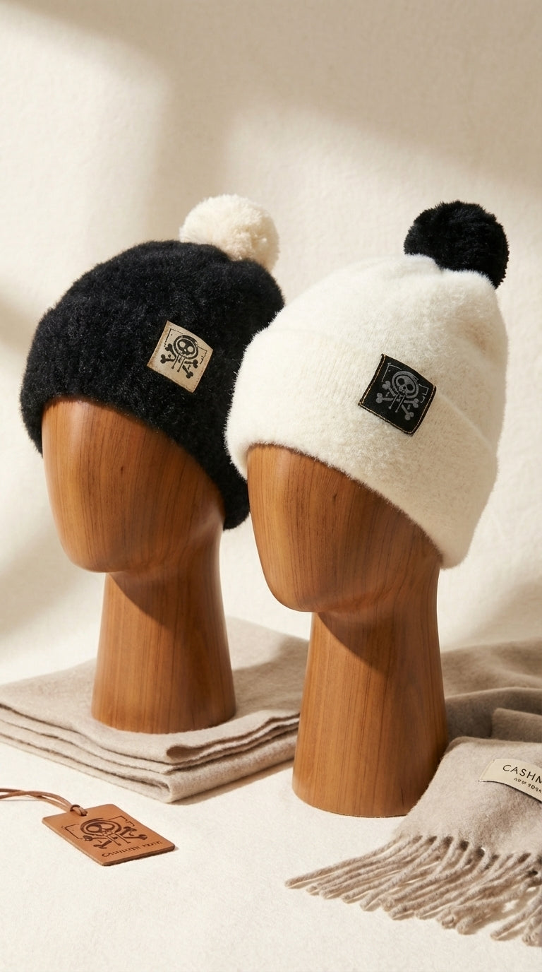 Bonnet d’hiver haut de gamme en cachemire noir et beige avec pompon, présenté sur buste en bois, design minimaliste et finition premium Kaizo-Ku.