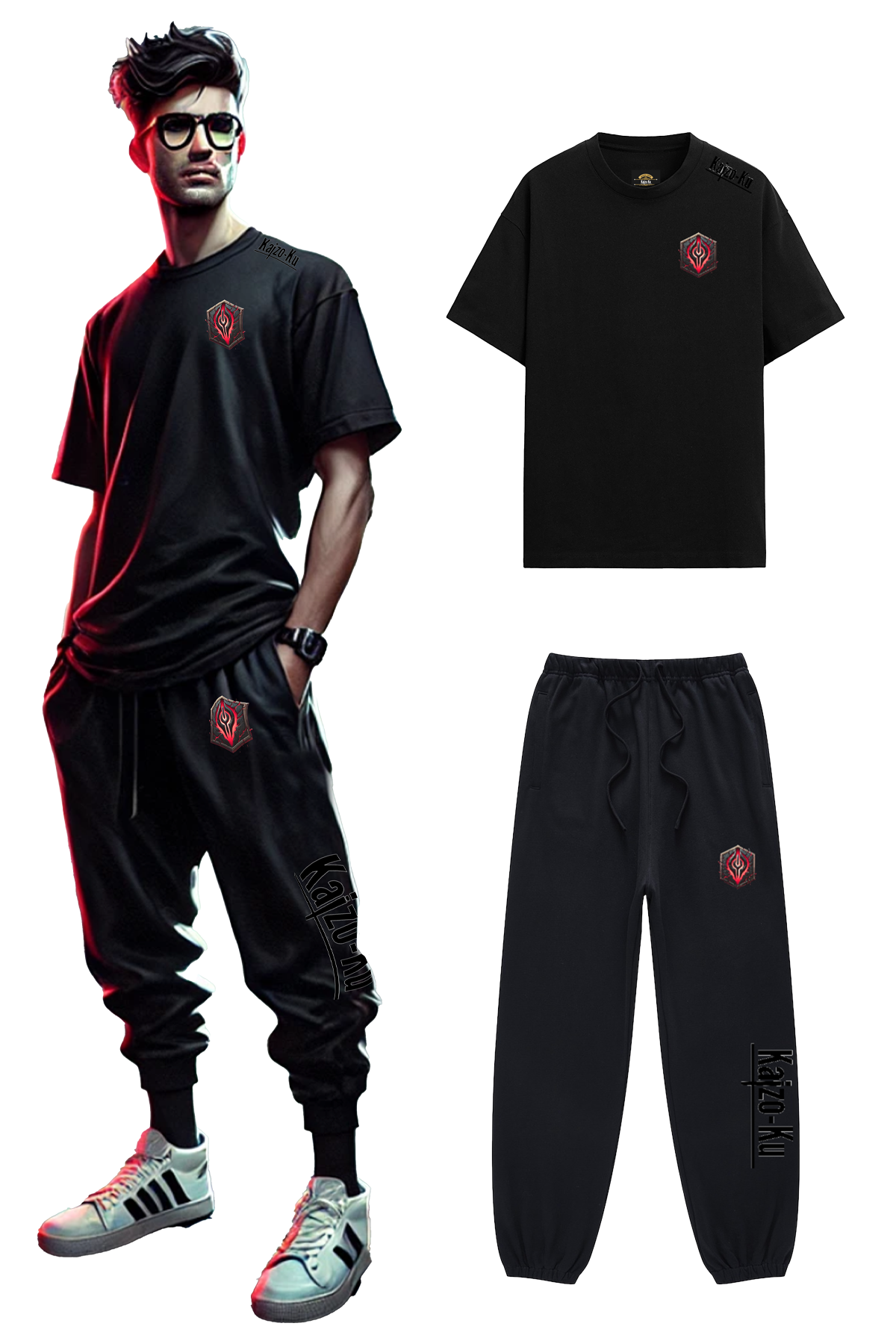 Un aperçu détaillé de l’ensemble streetwear Kaizo-Ku X Kitano, avec son t-shirt oversized et son jogger ajusté, arborant un imprimé audacieux inspiré d’une culture de force et de discipline.