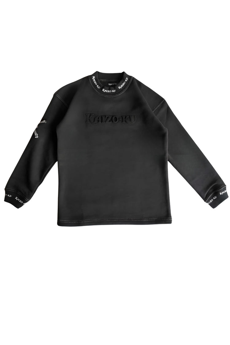 a front flat view of the black legacy sweatshirt made by Kaizo-Ku