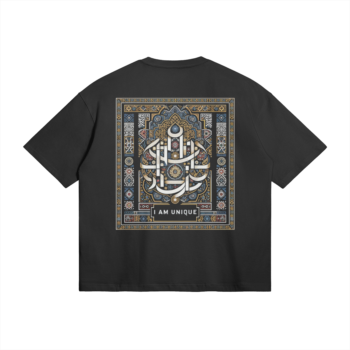 This image showcases the back of our oversized black t-shirt, featuring an intricate Moroccan-inspired traditional design. The bold "I AM UNIQUE" calligraphy is surrounded by detailed geometric patterns in blue and gold, highlighting the cultural essence of this unique piece.