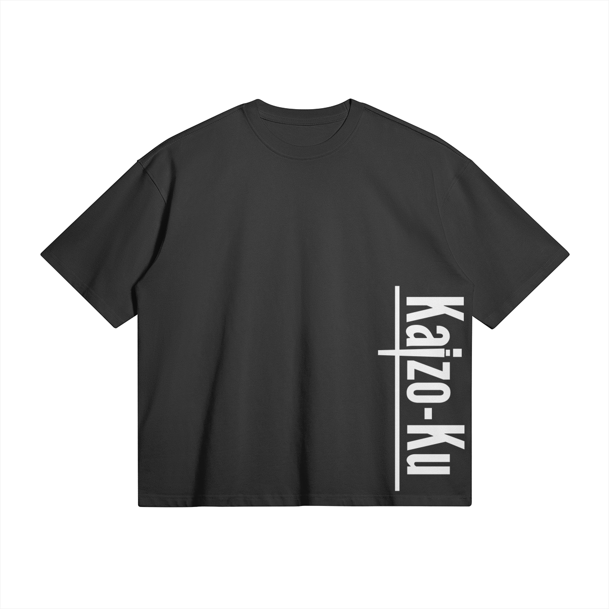 Front view of the oversized black t-shirt with the Kaizo-Ku logo in sleek typography on the side. This streetwear staple blends modern fashion with traditional Moroccan art, perfect for those who appreciate unique and stylish clothing.