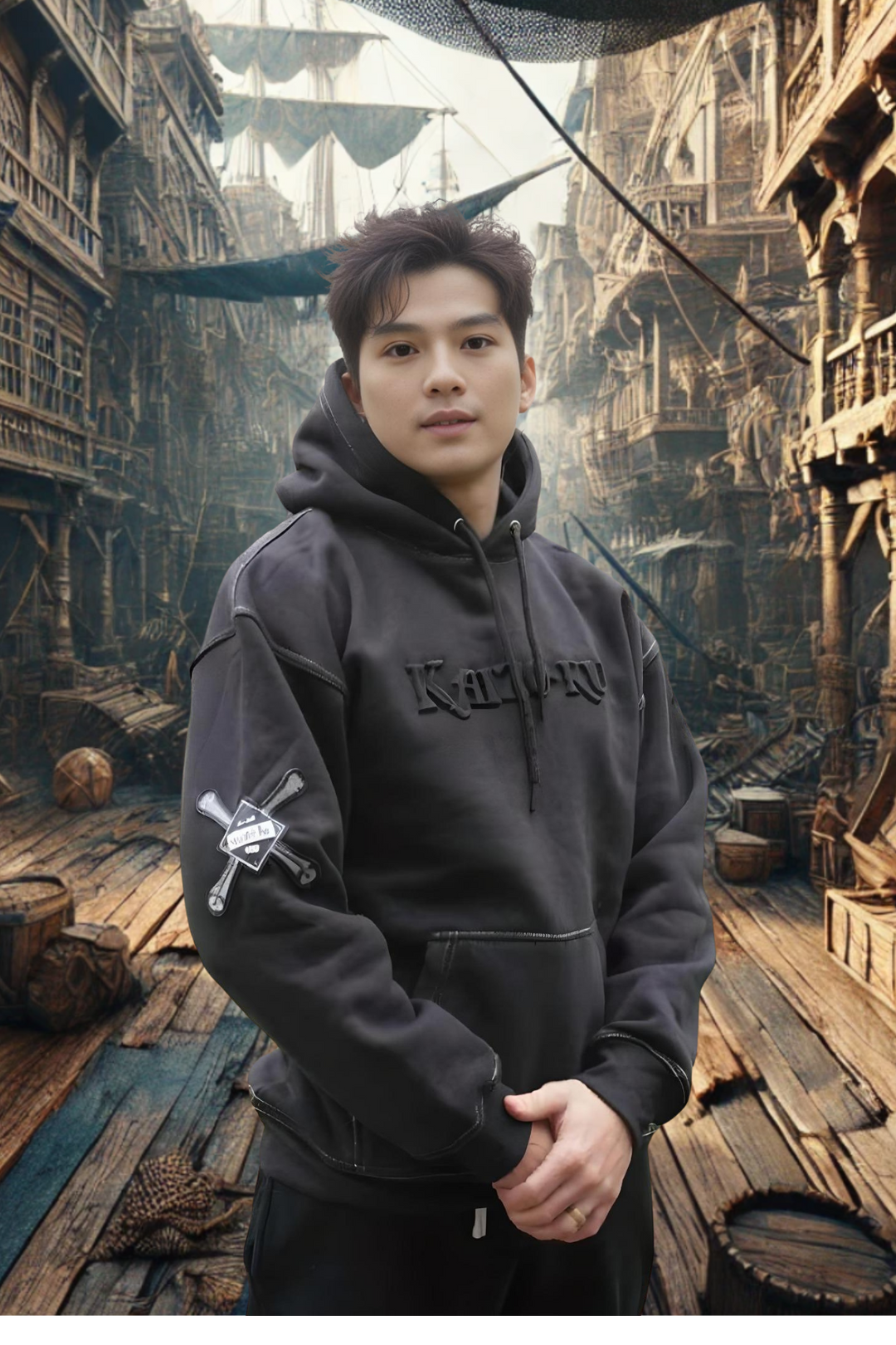 Model wearing the Kaizo-Ku Legacy Hoodie in black, showcasing the 3D embossed logo and oversized fit in a pirate-inspired setting.