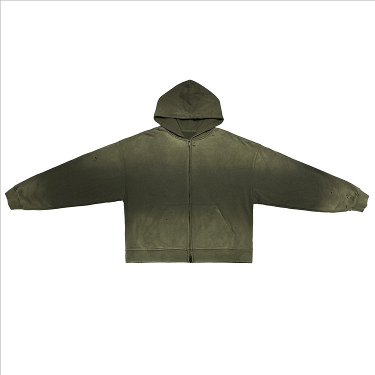 a front view of A flat-lay view of the Kaizo-Ku Vintage Faded Full-Zip Hoodie in Olive Green, perfect for casual and urban styles.