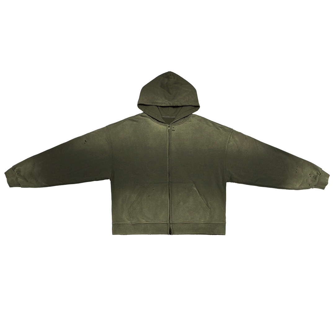 a front view of A flat-lay view of the Kaizo-Ku Vintage Faded Full-Zip Hoodie in Olive Green, perfect for casual and urban styles.