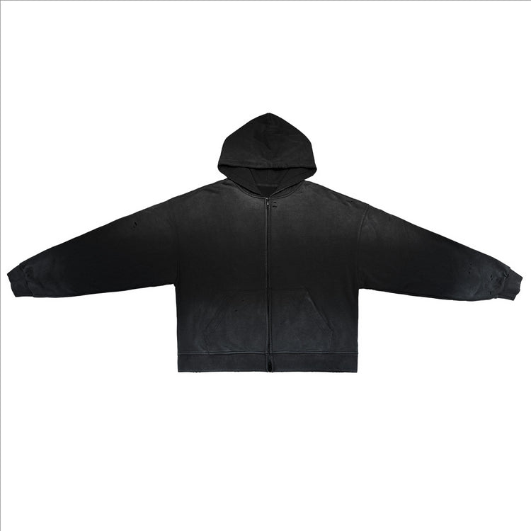 Full flat-lay image of the Kaizo-Ku Vintage Faded Full-Zip Hooded Sweatshirt in Black, capturing its relaxed silhouette and minimalist design.