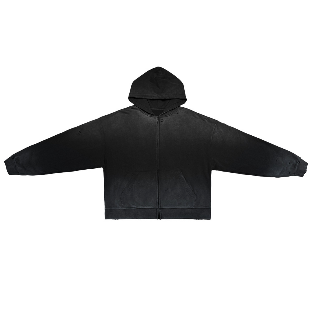Full flat-lay image of the Kaizo-Ku Vintage Faded Full-Zip Hooded Sweatshirt in Black, capturing its relaxed silhouette and minimalist design.