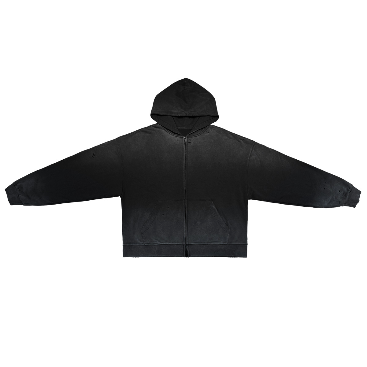 Full flat-lay image of the Kaizo-Ku Vintage Faded Full-Zip Hooded Sweatshirt in Black, capturing its relaxed silhouette and minimalist design.