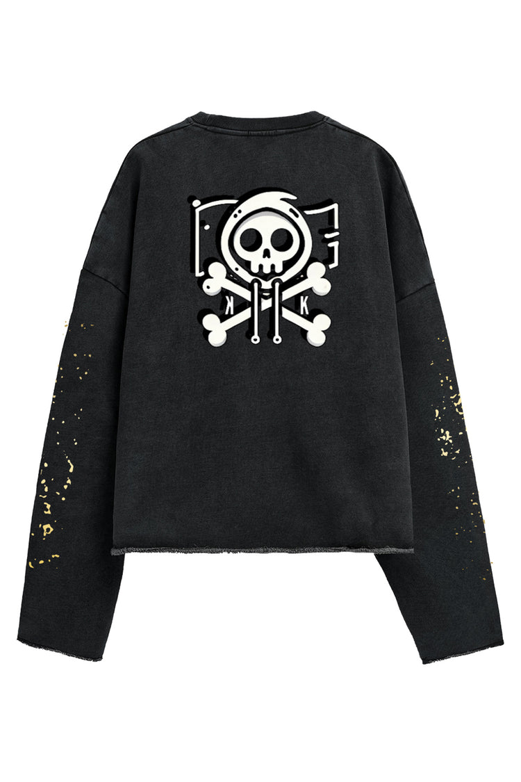 Back design of Kaizo-Ku sweatshirt showcasing a detailed skull graphic with gold splatter elements.