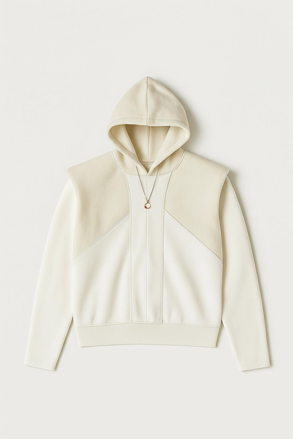 Hoodie Gandalf le Blanc vu de face à plat. Sweat à capuche en French Terry 460g et laine, inspiré de la tenue du mage blanc dans le Seigneur des Anneaux. Fabrication artisanale en Bretagne.