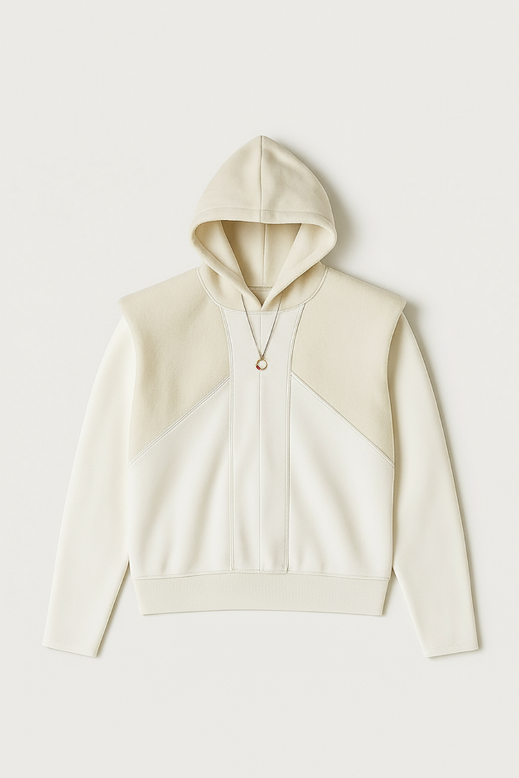 Hoodie Gandalf le Blanc vu de face à plat. Sweat à capuche en French Terry 460g et laine, inspiré de la tenue du mage blanc dans le Seigneur des Anneaux. Fabrication artisanale en Bretagne.