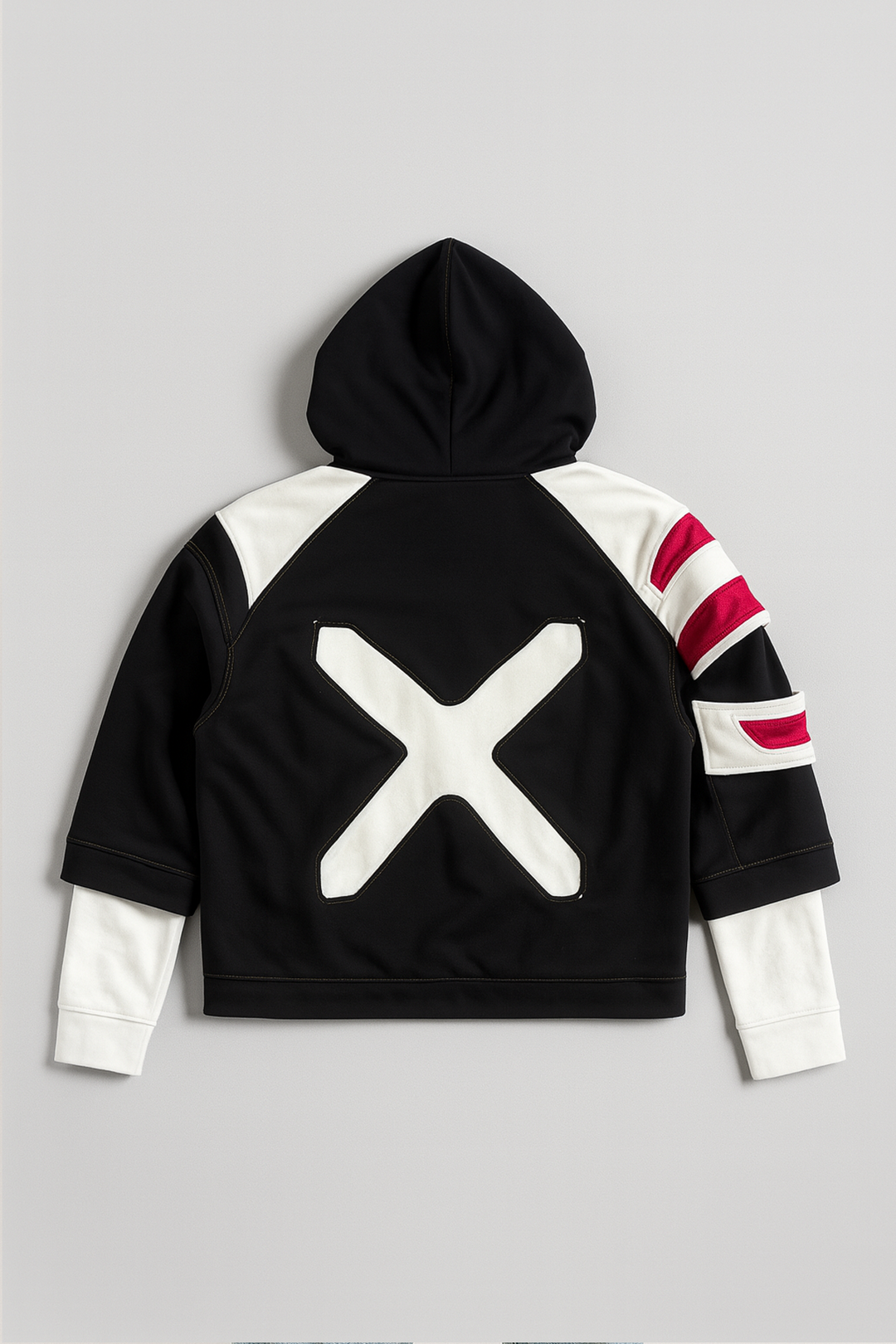 Vue à plat du dos du hoodie révélant le grand X blanc iconique, les manches superposées off-white et les panneaux de cuir rouge sur l’épaule. Idéal pour mettre en avant le design complet et la qualité des matériaux utilisés.