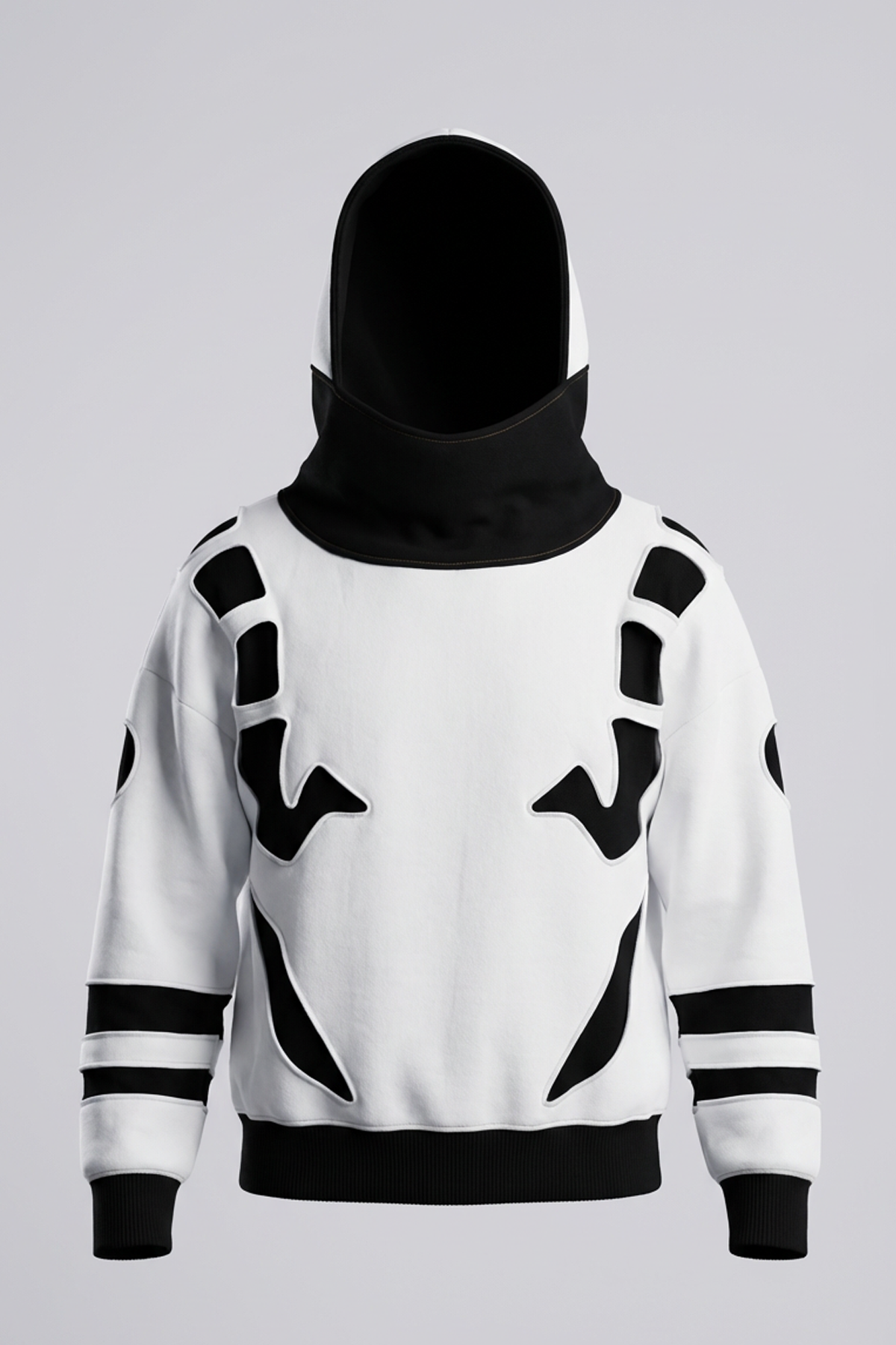 Présentation à plat d’un hoodie streetwear artisanal inspiré de Jujutsu Kaisen. French terry off-white 500g, jersey noir apparent, découpes complexes. Une adaptation manga premium destinée aux fans de vêtements inspirés d’anime.