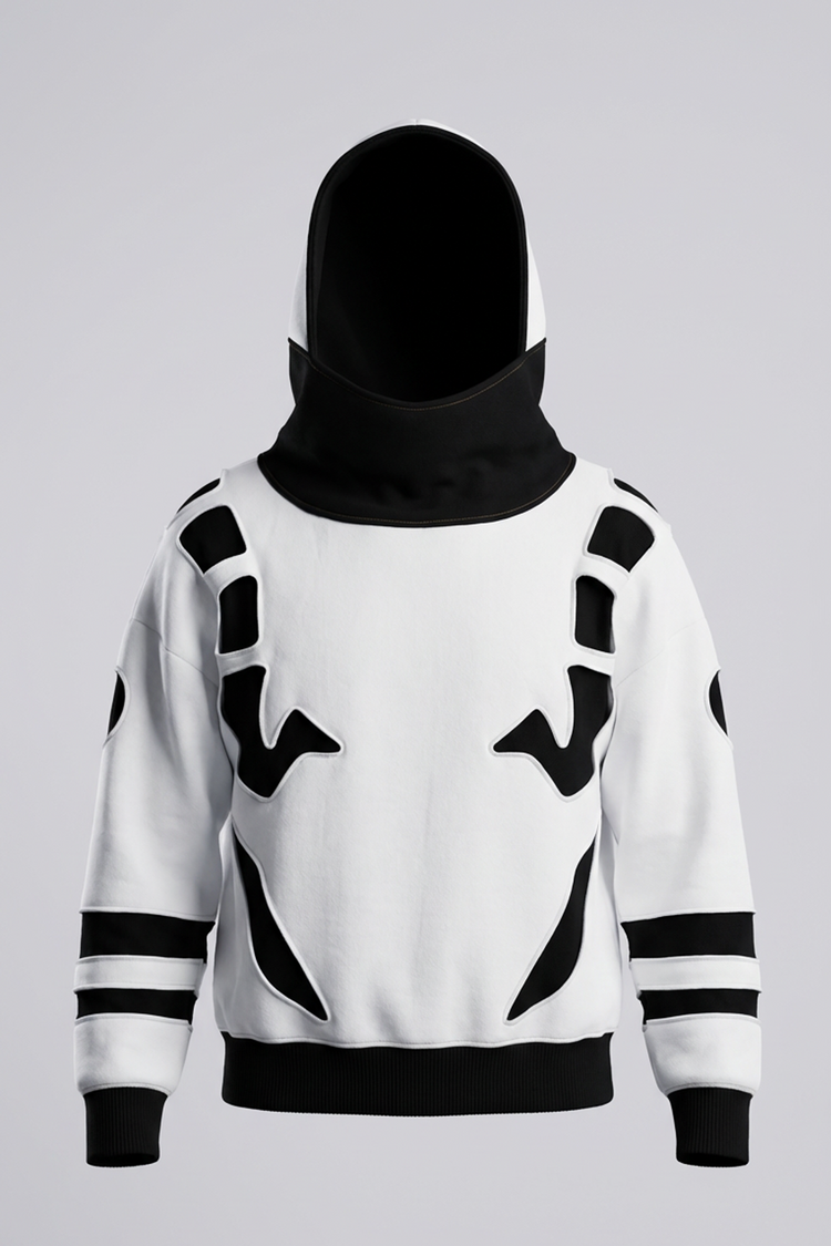 Présentation à plat d’un hoodie streetwear artisanal inspiré de Jujutsu Kaisen. French terry off-white 500g, jersey noir apparent, découpes complexes. Une adaptation manga premium destinée aux fans de vêtements inspirés d’anime.