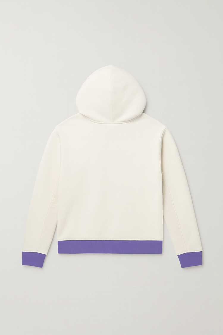Hoodie Luffy Prestige en coton épais 100%, avec finitions violettes et capuche doublée, présenté de dos.