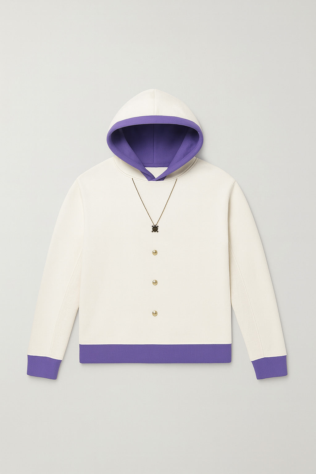 Hoodie blanc en French Terry 450 gsm avec boutons-pression dorés et finitions violettes, vue de face.