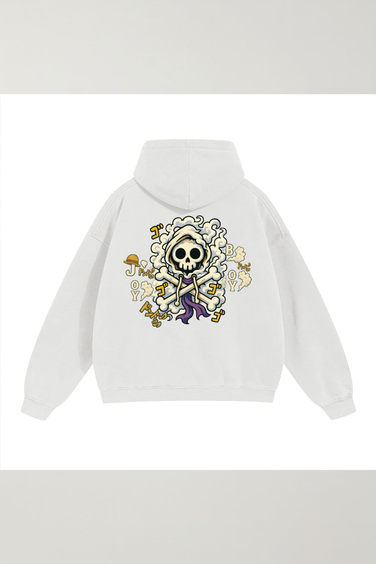 White hoodie with a colorful skull and crossbones design on the back against a white background