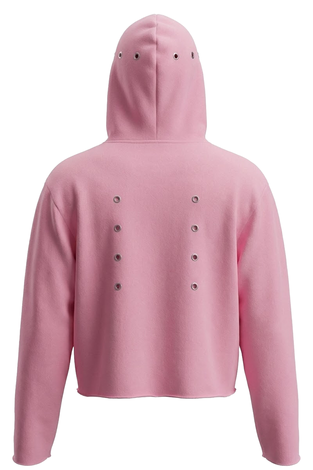 Hoodie rose streetwear inspiré Dragon Ball Z vu de dos, coupe cropped, coton épais 460g, œillets métalliques signature Majin