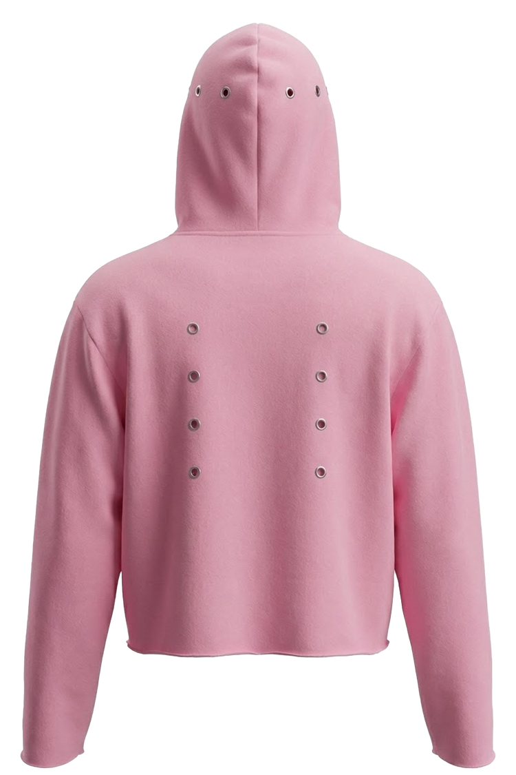 Hoodie rose streetwear inspiré Dragon Ball Z vu de dos, coupe cropped, coton épais 460g, œillets métalliques signature Majin