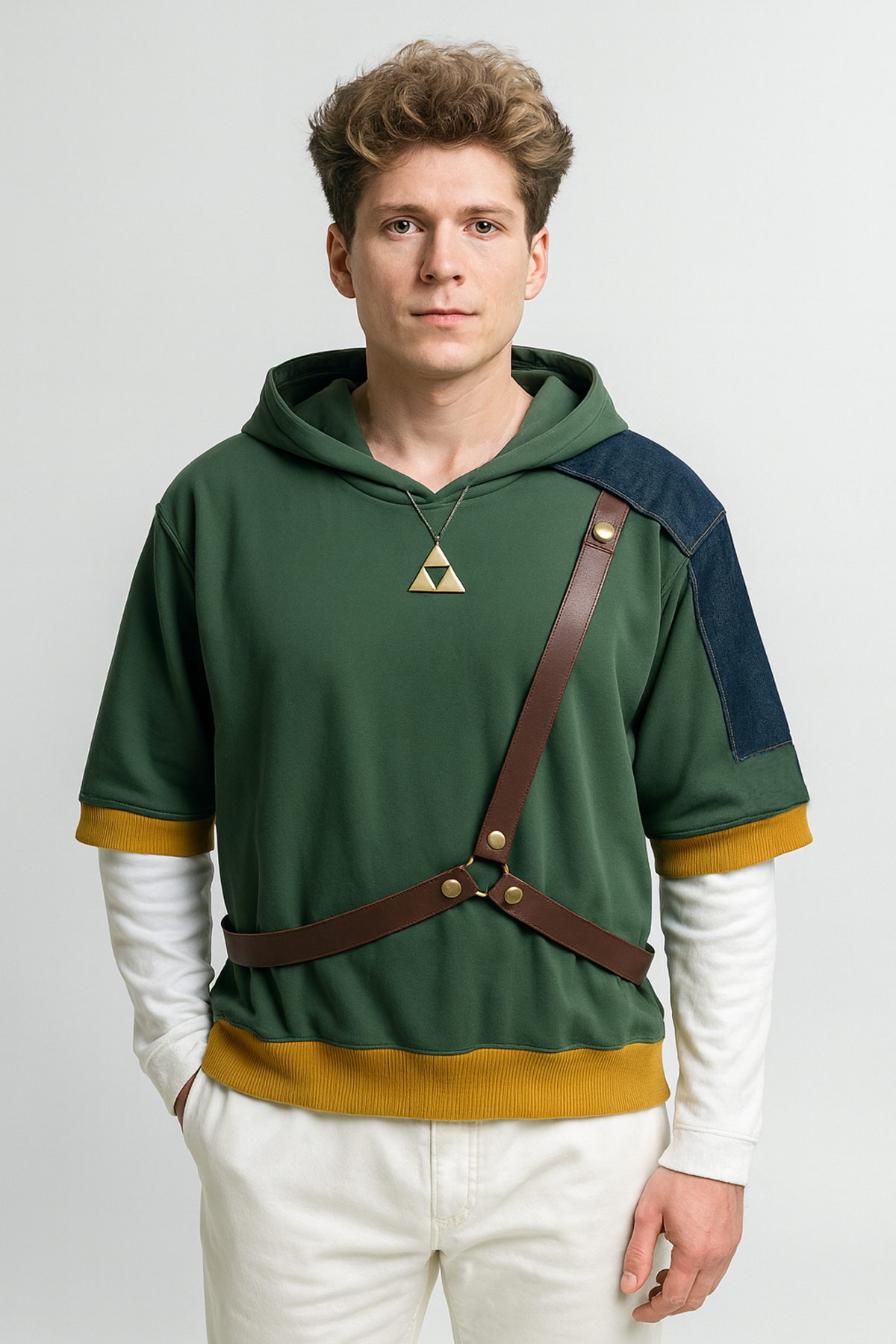 Découvrez ce hoodie unique inspiré de Link dans The Legend of Zelda. Avec son pendentif Triforce en collier, ses détails en jean sur l’épaule et sa lanière de cuir, ce sweat allie style streetwear moderne et univers geek culte. Parfait pour les fans de Zelda qui veulent un look héroïque au quotidien, entre cosplay discret et mode premium.