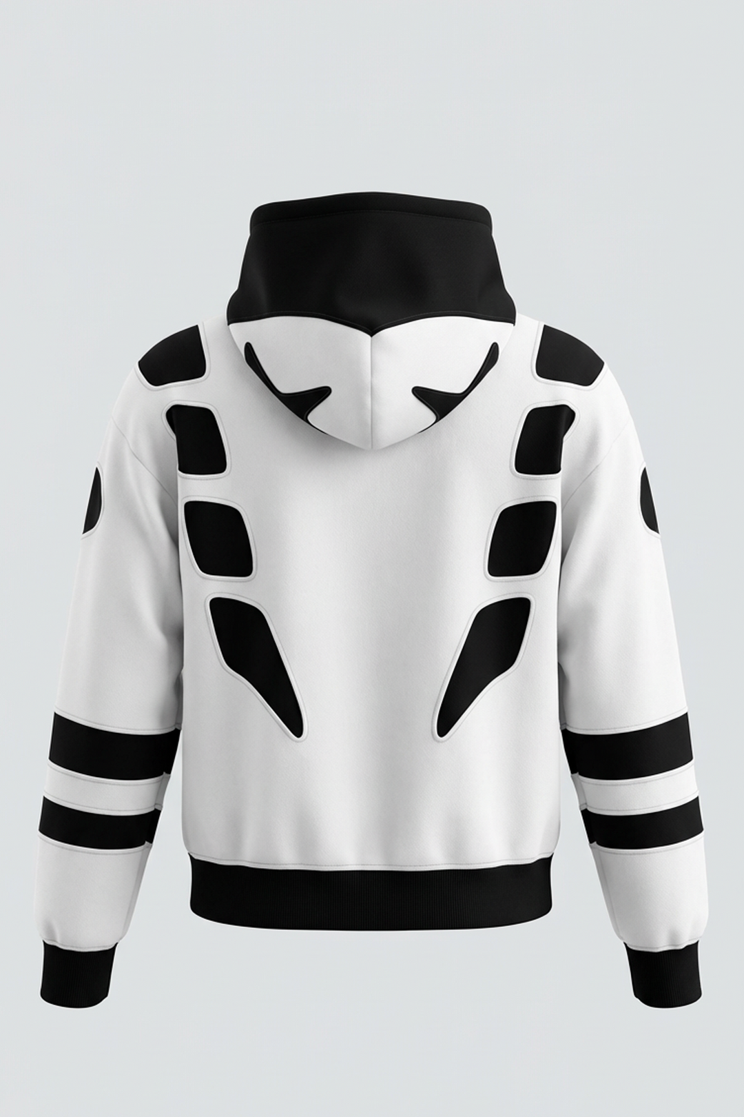 Détail du dos du hoodie artisanal Kaizo-Ku inspiré des motifs maudits de Jujutsu Kaisen. Découpes précises laissant apparaître la doublure noire, fabrication haut de gamme, design minimaliste et puissant pour amateurs de streetwear manga.