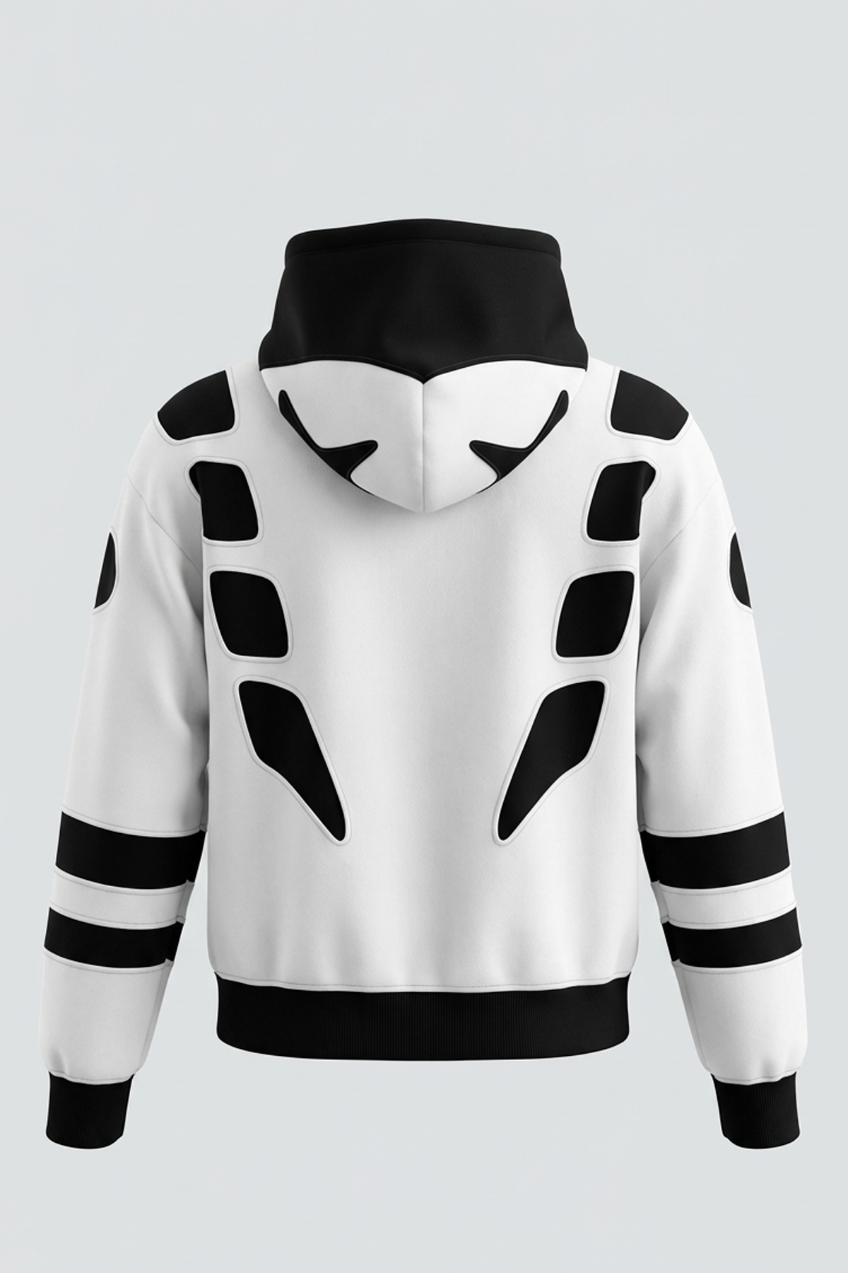 Détail du dos du hoodie artisanal Kaizo-Ku inspiré des motifs maudits de Jujutsu Kaisen. Découpes précises laissant apparaître la doublure noire, fabrication haut de gamme, design minimaliste et puissant pour amateurs de streetwear manga.