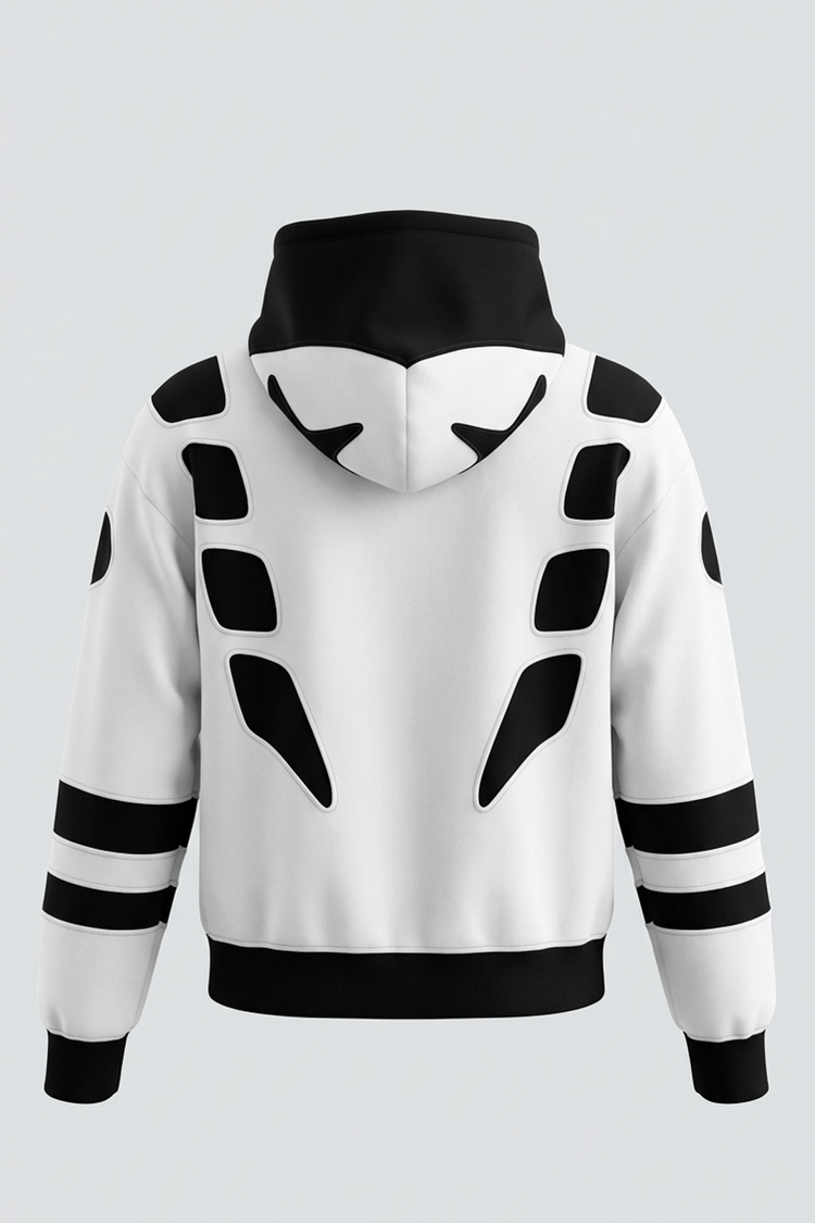 Détail du dos du hoodie artisanal Kaizo-Ku inspiré des motifs maudits de Jujutsu Kaisen. Découpes précises laissant apparaître la doublure noire, fabrication haut de gamme, design minimaliste et puissant pour amateurs de streetwear manga.